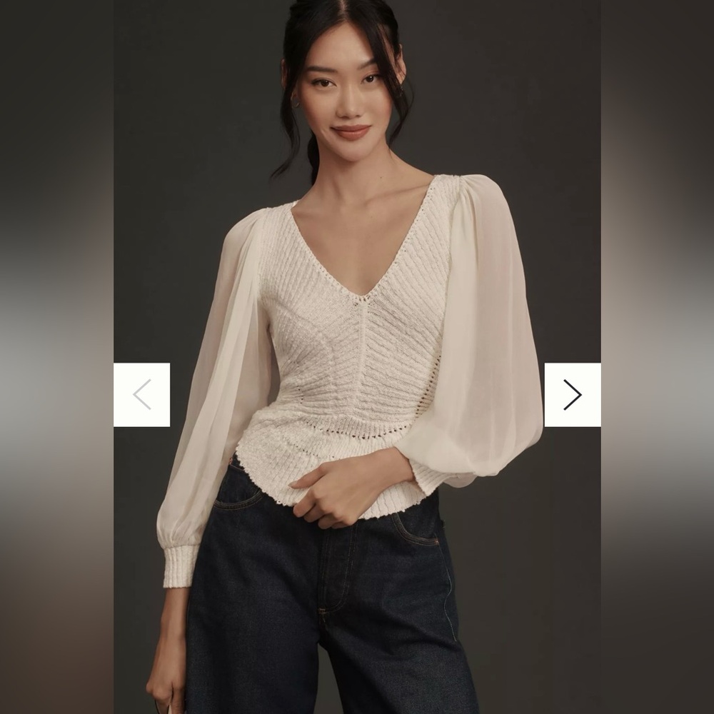 Anthropologie Sheer Long Sleeve V Neck Sweater Size M Cream EUC